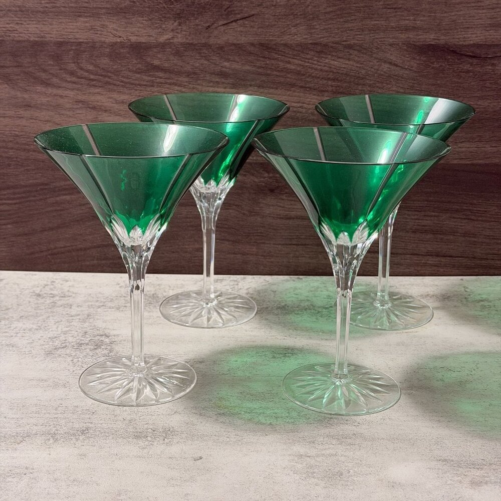 Vintage 80s Ajka Castille Albinka Green Cut to Clear S/Four Martini Glasses MINT